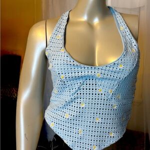 NWT: Rue21 Light Blue Halter Top Accented With Yellow Daisies and Eyelet Design
